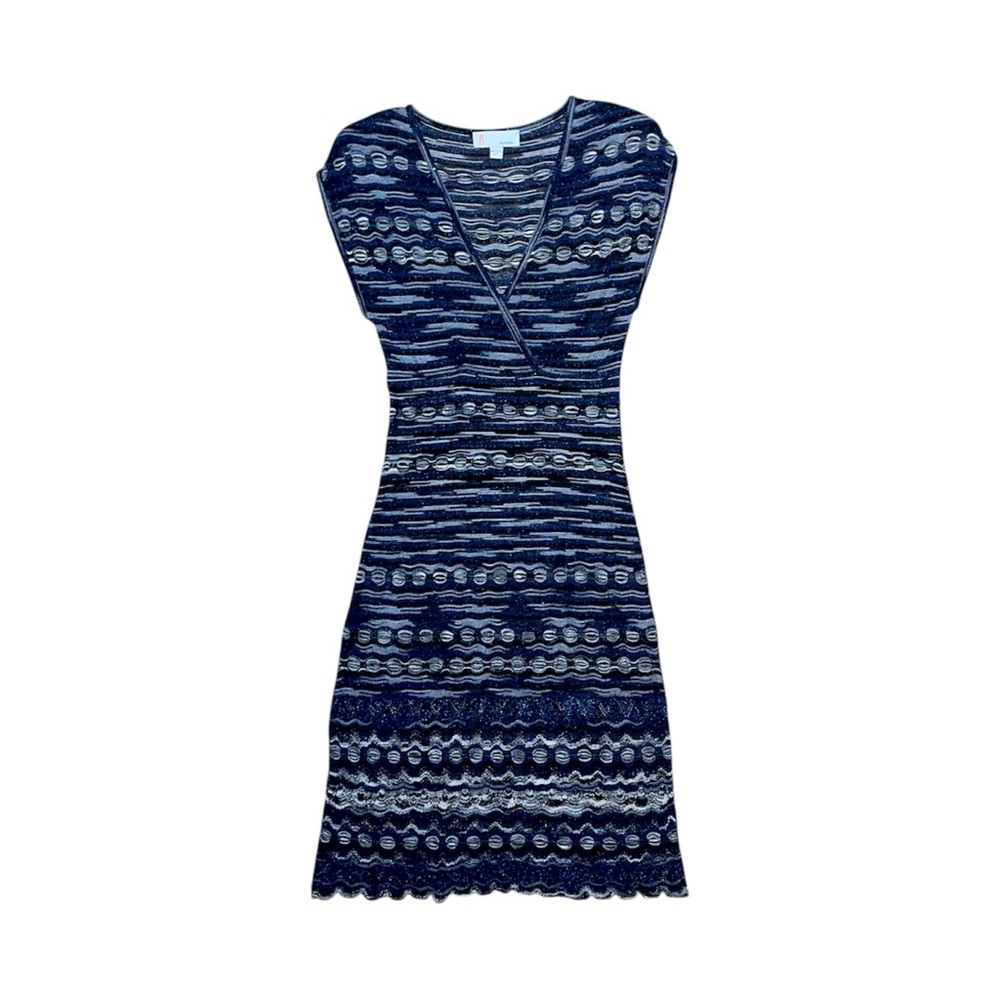 Missoni Knit Geometric‎ Wrap Dress Black Blue Silver Scallop Hem Women's 38 IT